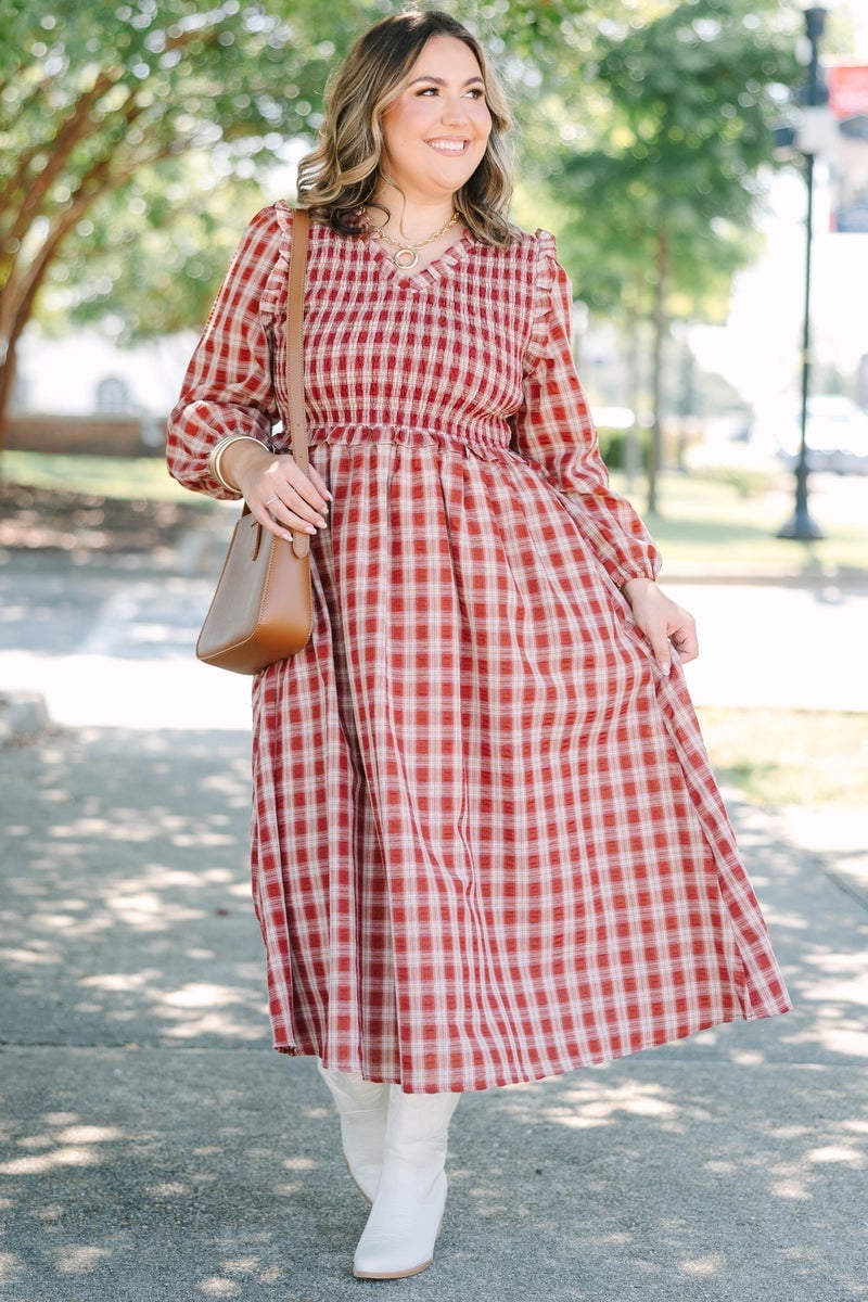 Red Gingham Midi Dress With Smocked Bodice and Long Sleeves Red Gingham Midi Dress With Smocked Bodice and Long Sleeves — Classy Gingham Dress