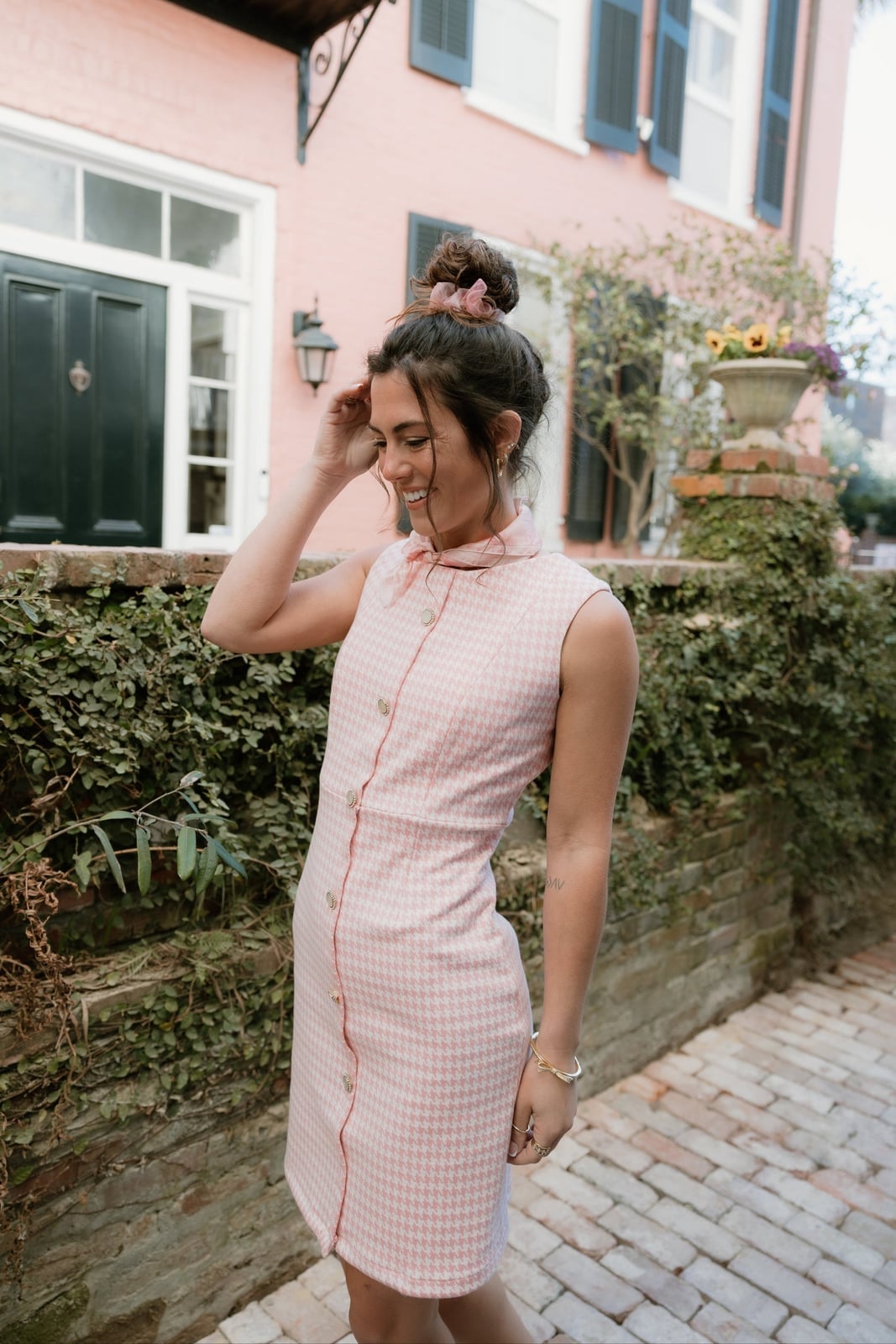 Pink Houndstooth Button-Front Dress Pink Houndstooth Button-Front Dress — Classy Gingham Dress
