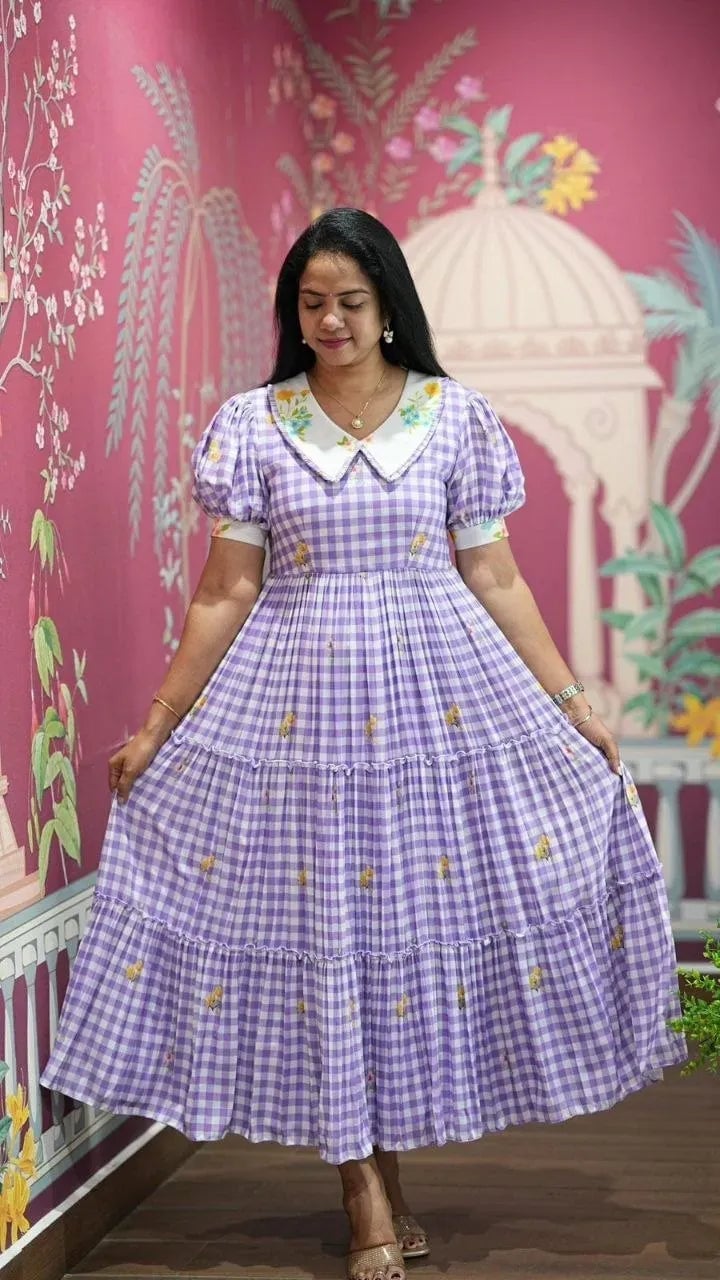Purple Gingham Tiered Dress With Puff Sleeves Purple Gingham Tiered Dress With Puff Sleeves — Classy Gingham Dress