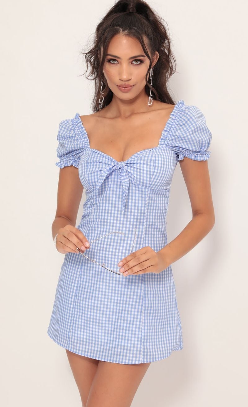 Light Blue Gingham Dress With Puff Sleeves and Tie Front Light Blue Gingham Dress With Puff Sleeves and Tie Front — Classy Gingham Dress