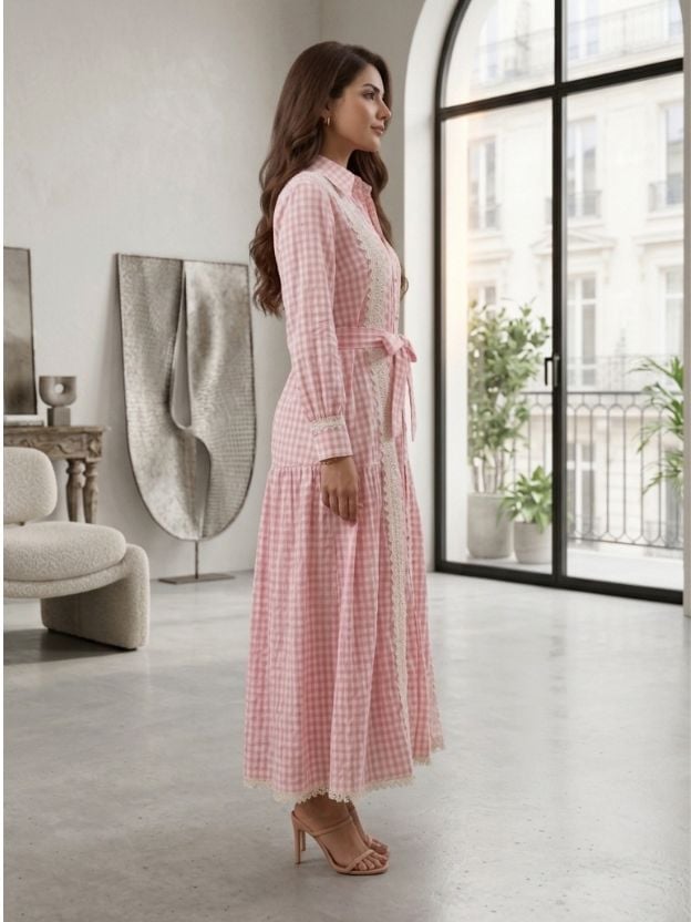 Pink Gingham Shirt Dress With Lace Trim Pink Gingham Shirt Dress With Lace Trim — Classy Gingham Dress