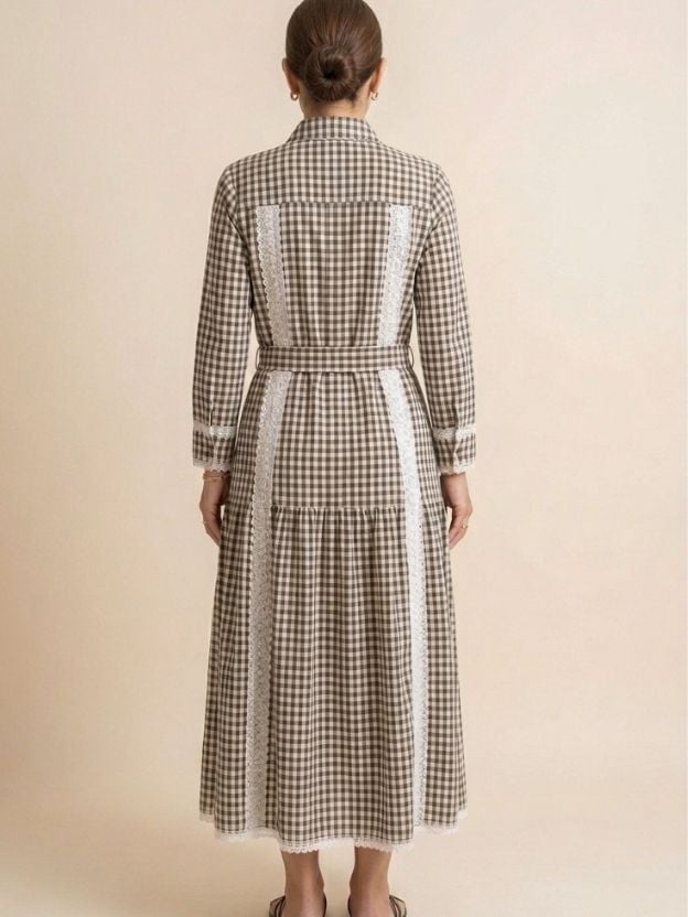 Brown Gingham Shirt Dress With Lace Trim, A-Line Brown Gingham Shirt Dress With Lace Trim, A-Line — Classy Gingham Dress