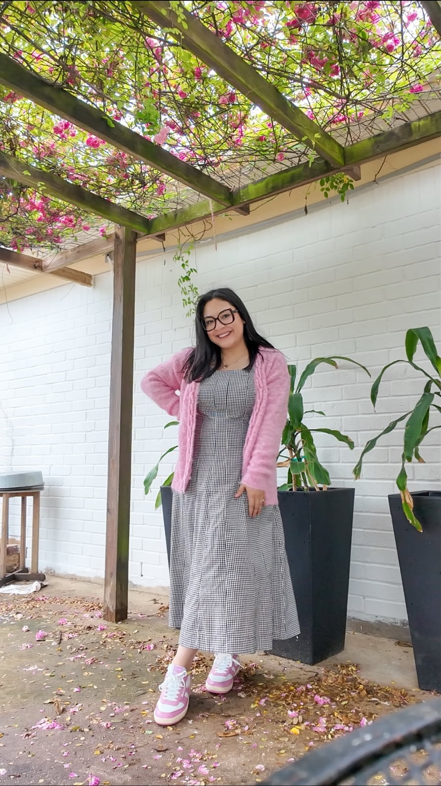 Black and White Gingham Dress With Pink Cardigan Black and White Gingham Dress With Pink Cardigan — Classy Gingham Dress