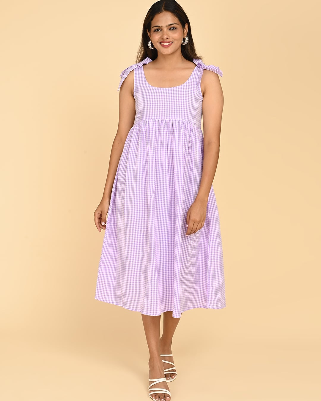 Light Purple Gingham Dress With Tie Shoulder Straps Light Purple Gingham Dress With Tie Shoulder Straps — Classy Gingham Dress