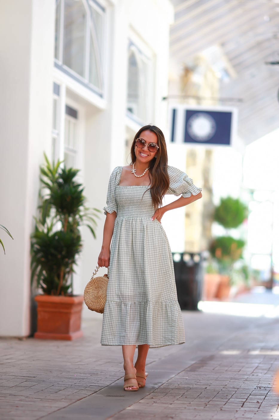 Green Gingham Midi Dress With Smocked Bodice Green Gingham Midi Dress With Smocked Bodice — Classy Gingham Dress