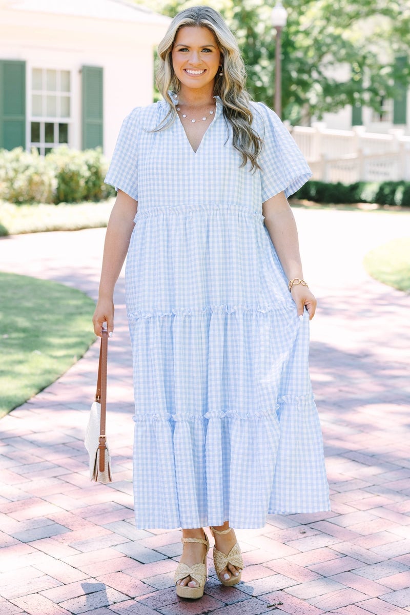 Baby Blue Gingham Tiered Midi Dress Baby Blue Gingham Tiered Midi Dress — Classy Gingham Dress