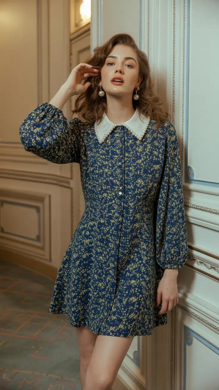 Navy Floral Dress With Pearl Embellishments — Classy Girly Outfits