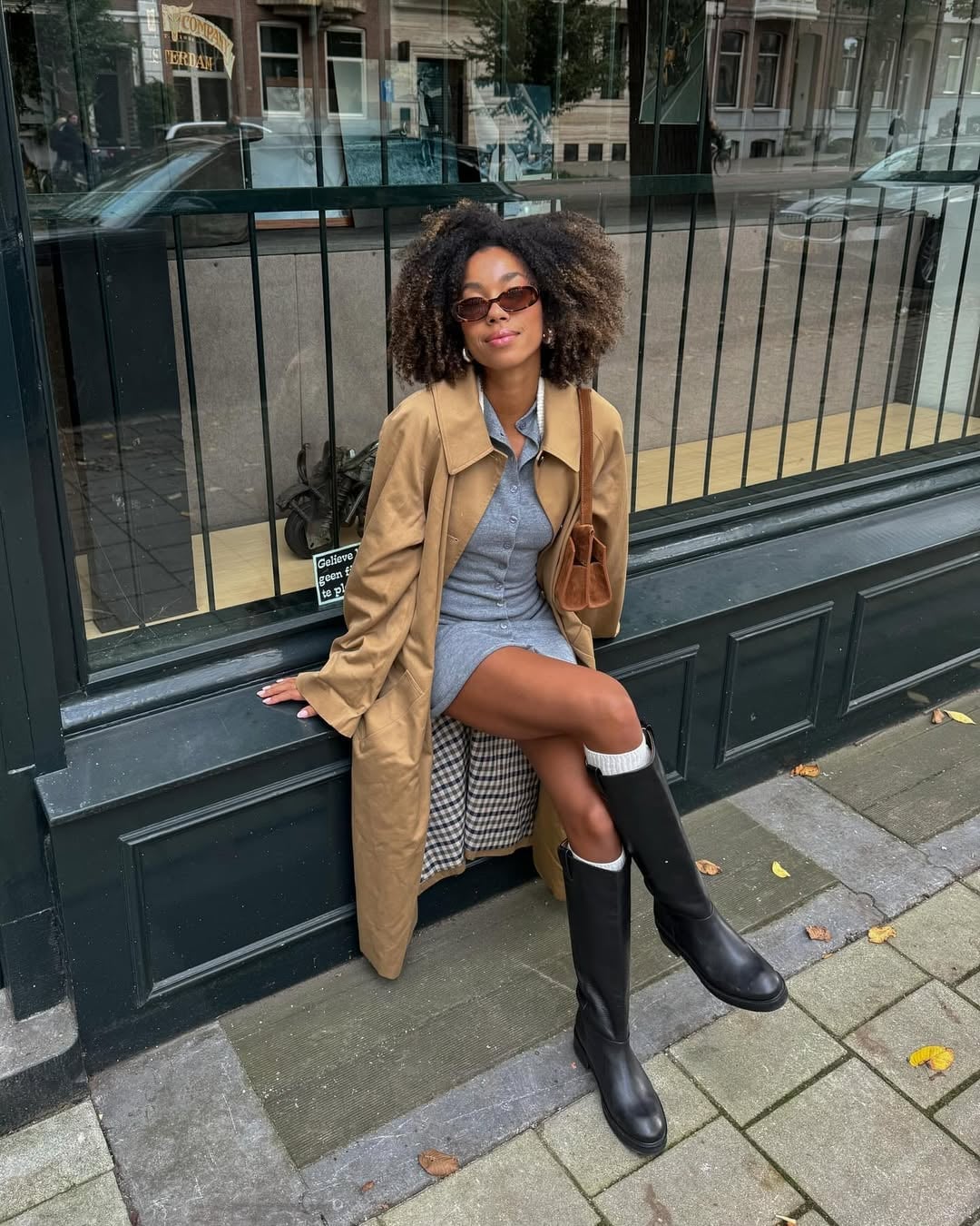 Gray Collared Dress With Tan Trench Coat — Classy Girly Outfits