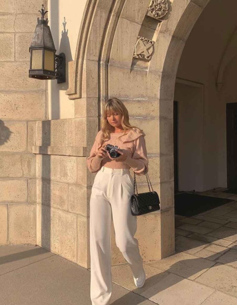 Pink Ruffled Collar Sweater With White Trousers — Classy Girly Outfits