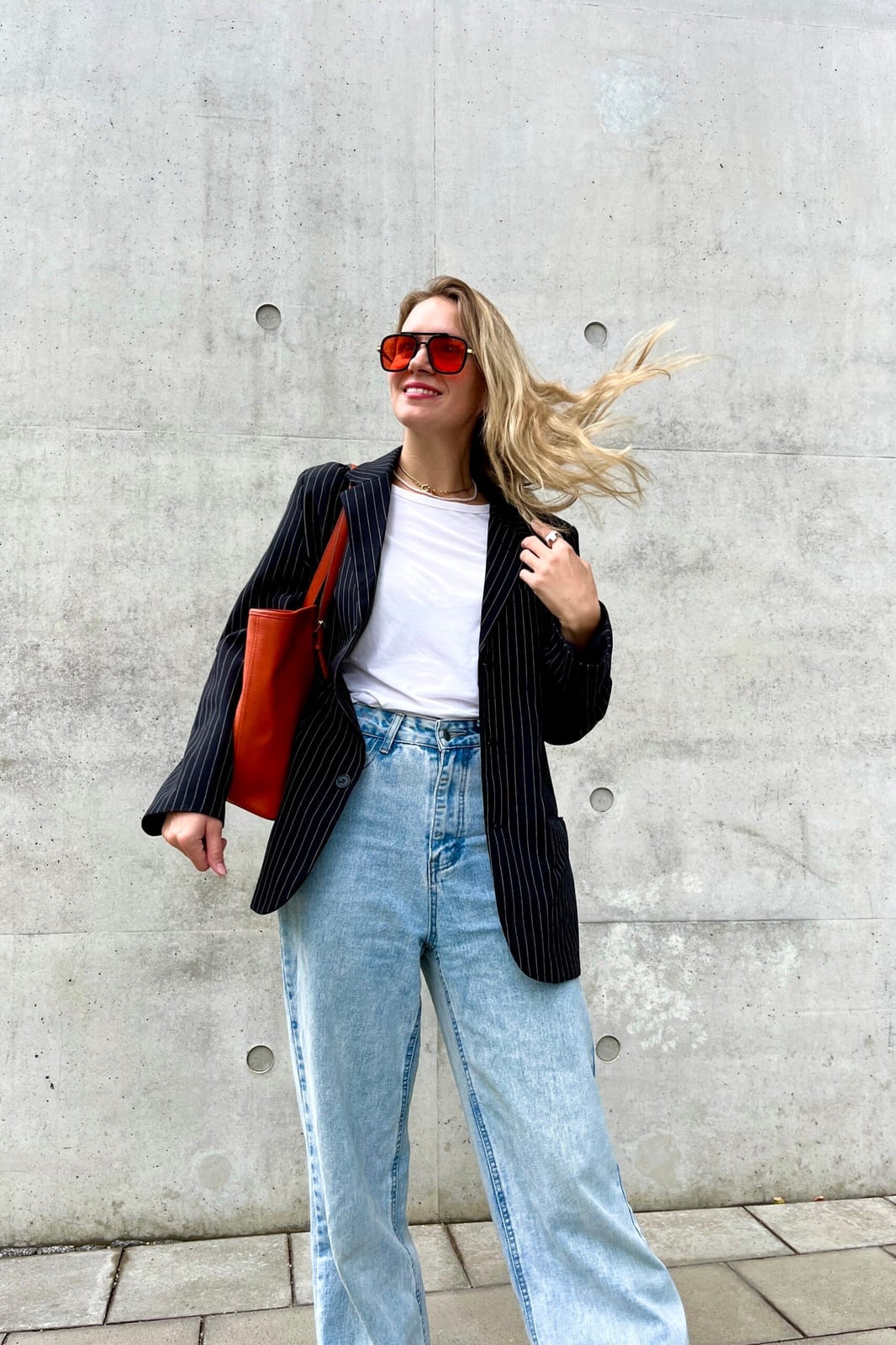 Pinstripe Blazer With Wide Leg Jeans — Classy Girly Outfits