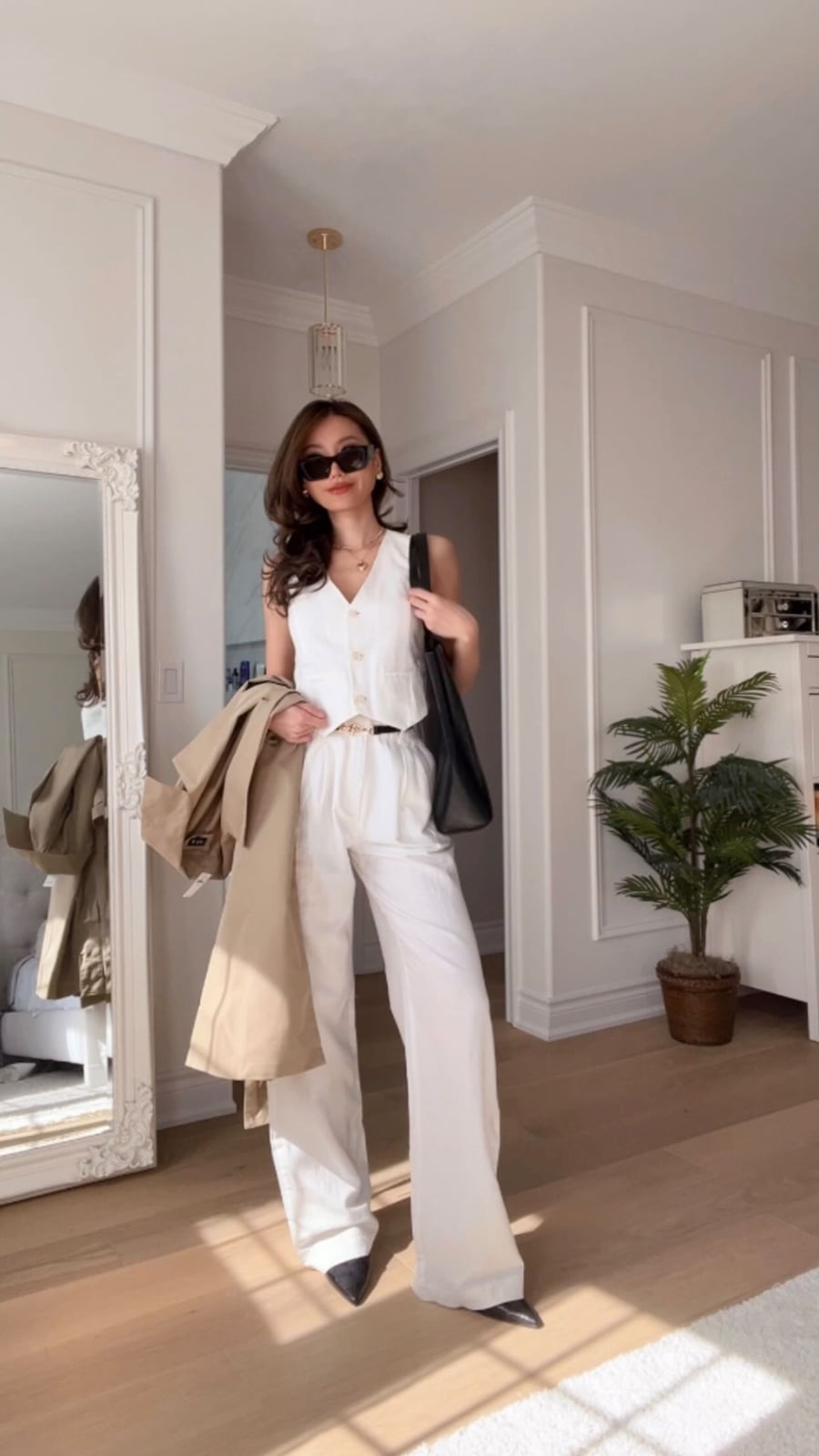 White Linen Vest And Trousers With Trench — Classy Girly Outfits