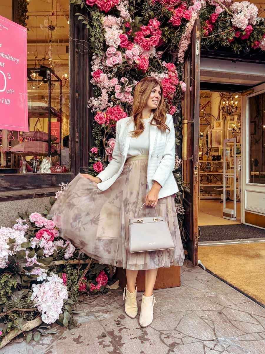 Tweed Blazer With Sheer Floral Skirt — Classy Girly Outfits
