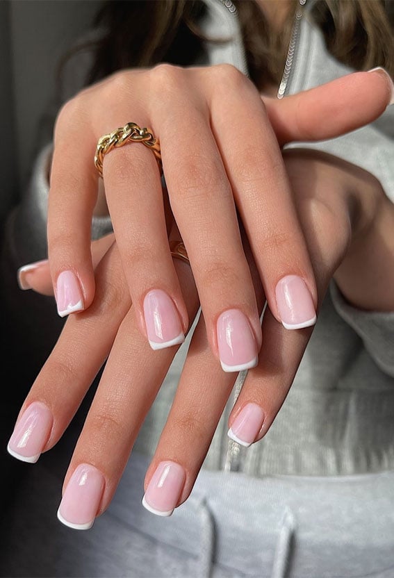 Short Square Milky Pink French Tips Nails Short Square Milky Pink French Tips Nails — Classy Glass Nails
