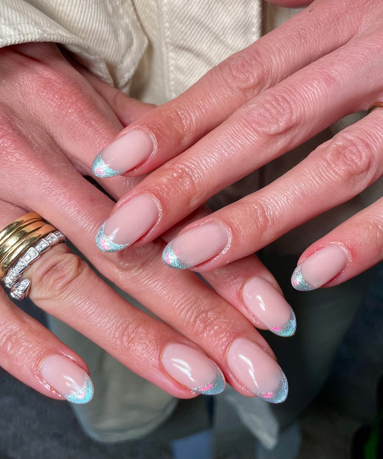 Medium Oval Holographic Glitter French Nails Medium Oval Holographic Glitter French Nails — Classy Glass Nails