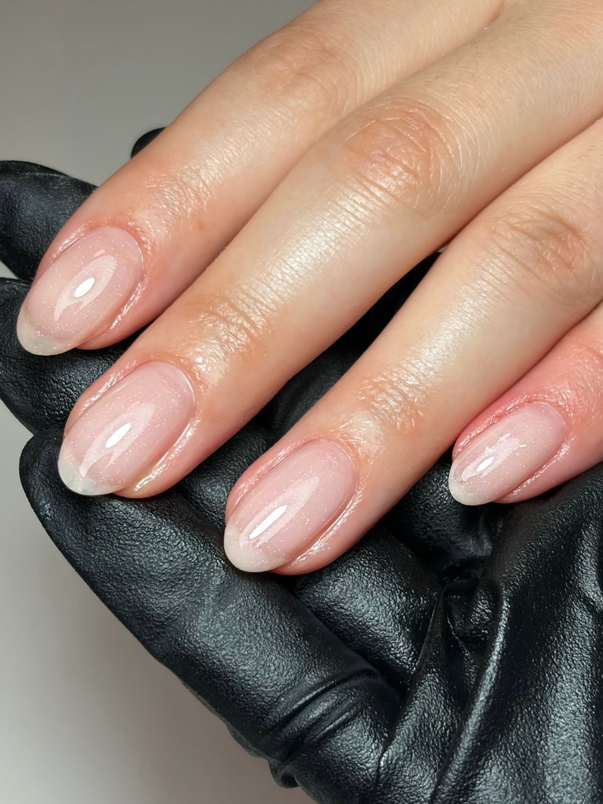 Medium Almond Sheer Nude Shimmer French Nails Medium Almond Sheer Nude Shimmer French Nails — Classy Glass Nails