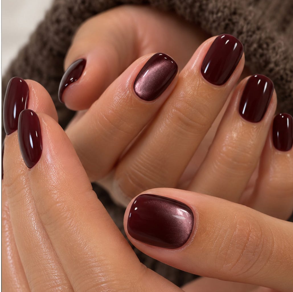 Short Oval Deep Burgundy Cat-Eye Nails Short Oval Deep Burgundy Cat-Eye Nails — Classy Glass Nails