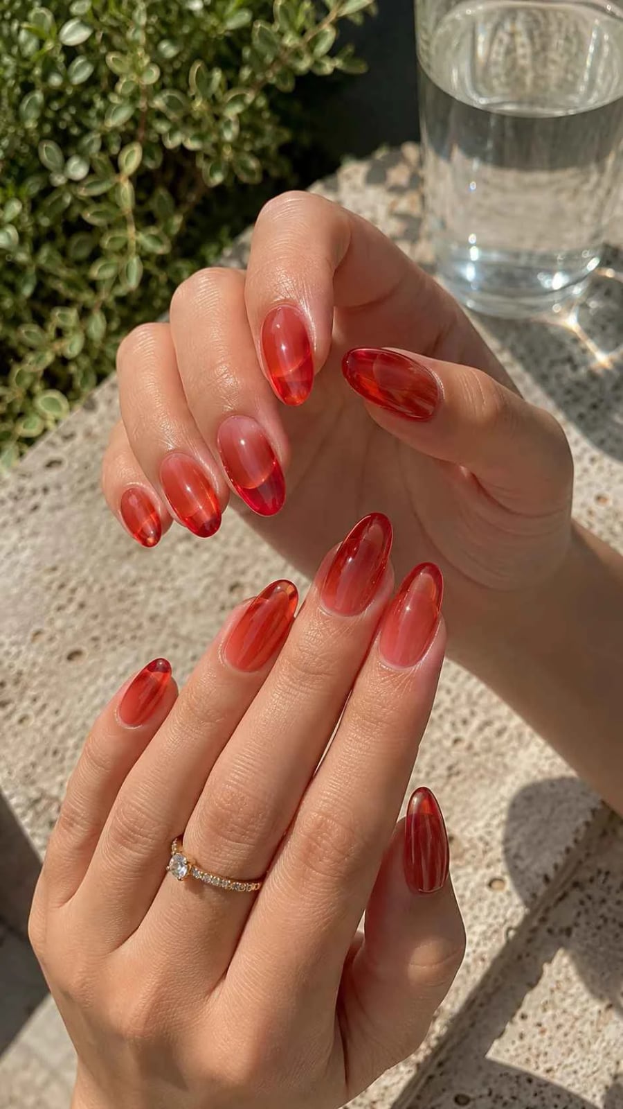 Medium Almond Red To Clear Ombre Jelly Nails Medium Almond Red To Clear Ombre Jelly Nails — Classy Glass Nails