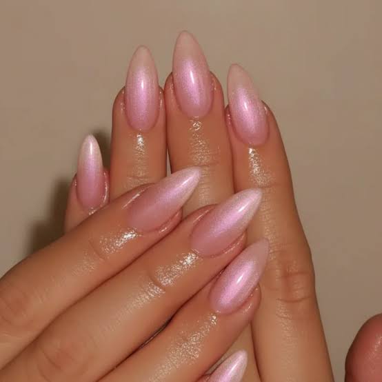 Medium Stiletto Sheer Pink Iridescent Nails Medium Stiletto Sheer Pink Iridescent Nails — Classy Glass Nails