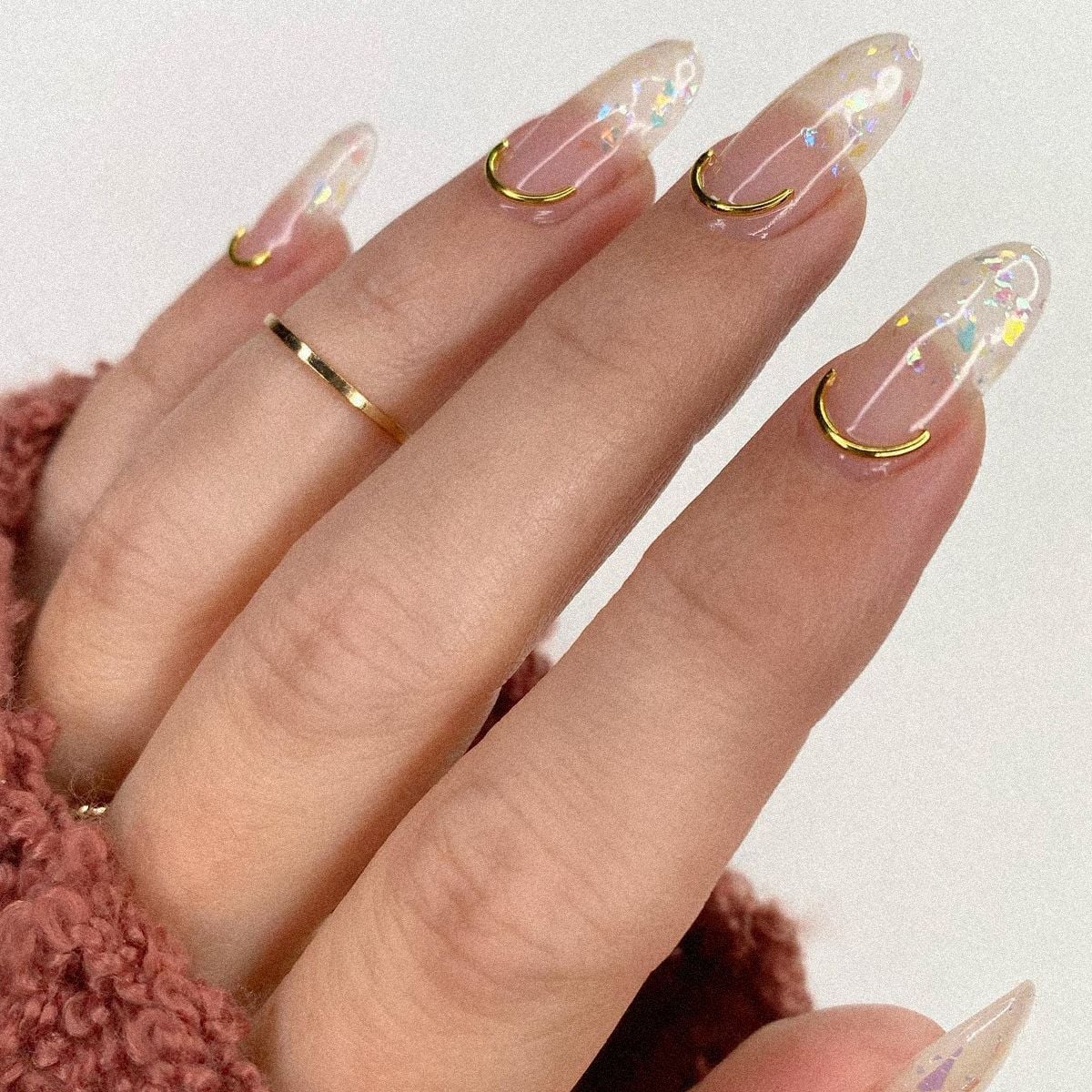 Long Stiletto Clear With Iridescent Flakes And Gold Accents Long Stiletto Clear With Iridescent Flakes And Gold Accents — Classy Glass Nails