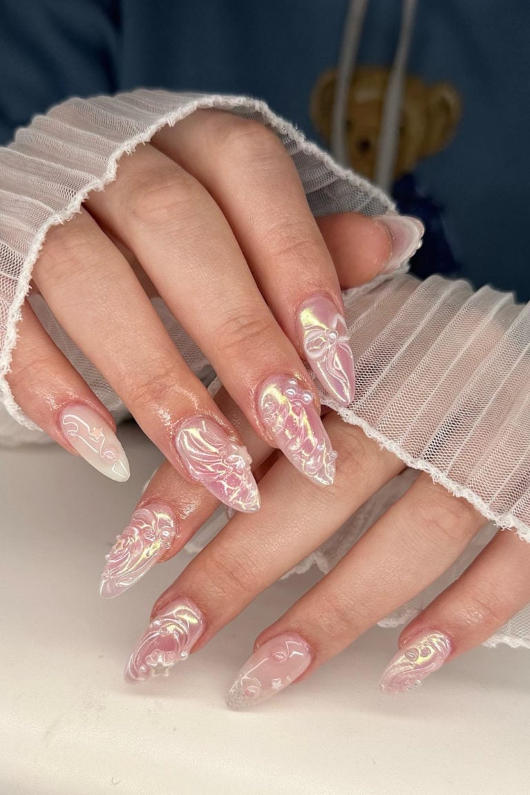 Long Stiletto Pink With 3D Bows And Pearls Long Stiletto Pink With 3D Bows And Pearls — Classy Glass Nails