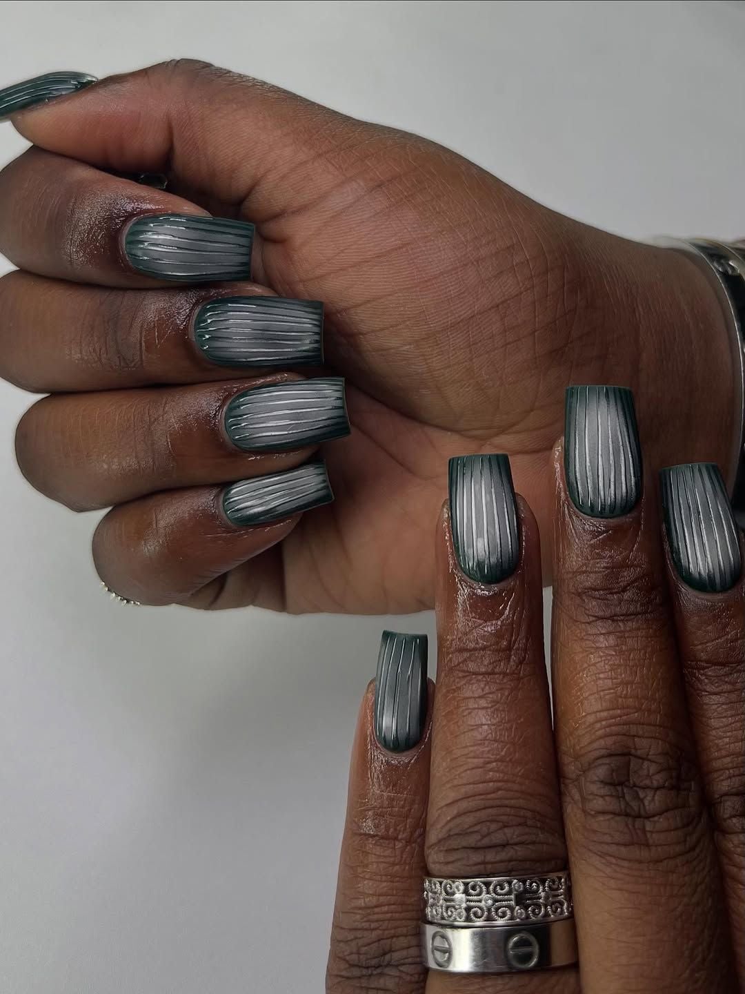 Short Square Ribbed Glass Green Silver Nails Short Square Ribbed Glass Green Silver Nails — Classy Glass Nails
