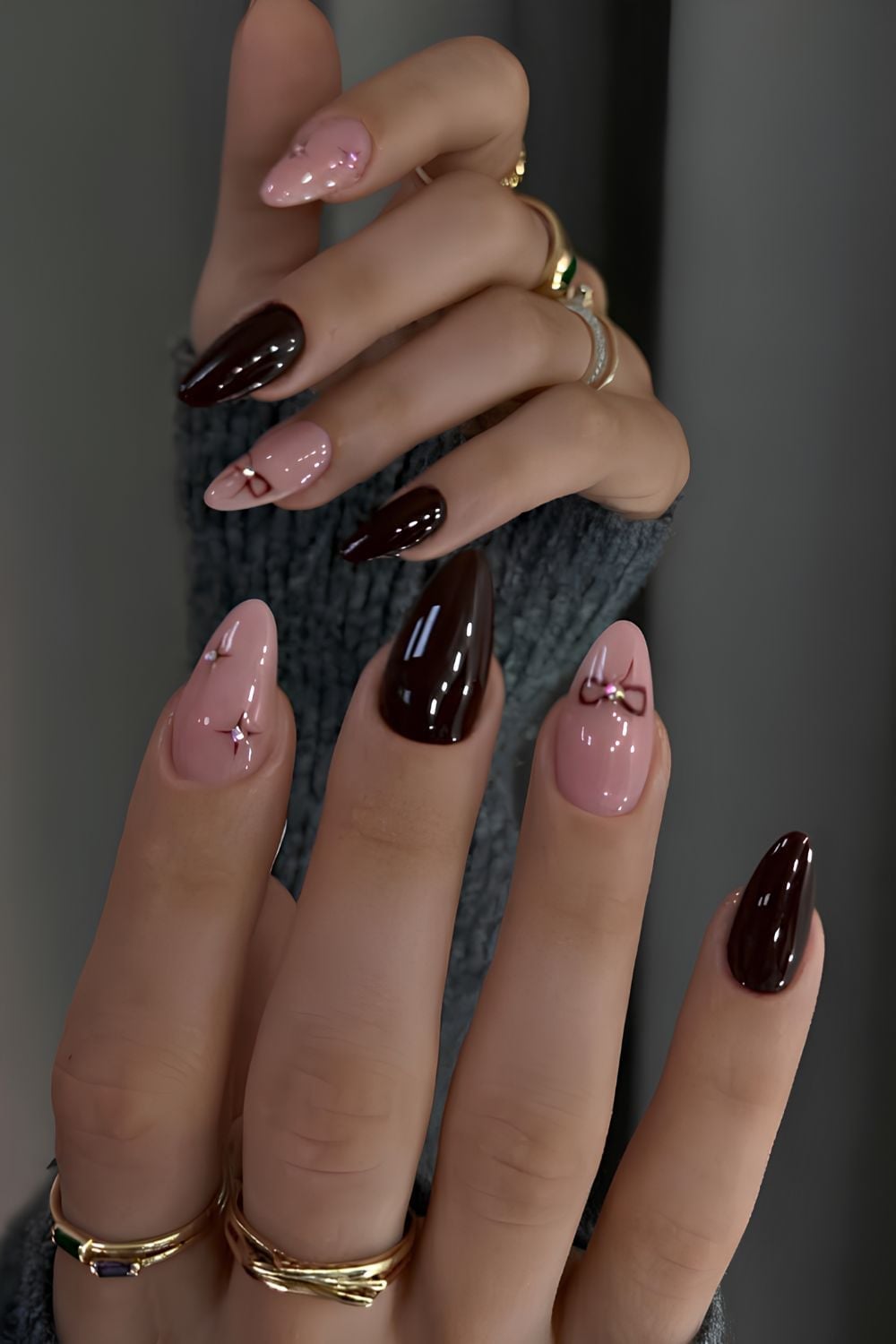 Medium Almond Chocolate Brown And Pink Nails Medium Almond Chocolate Brown And Pink Nails — Classy Glass Nails