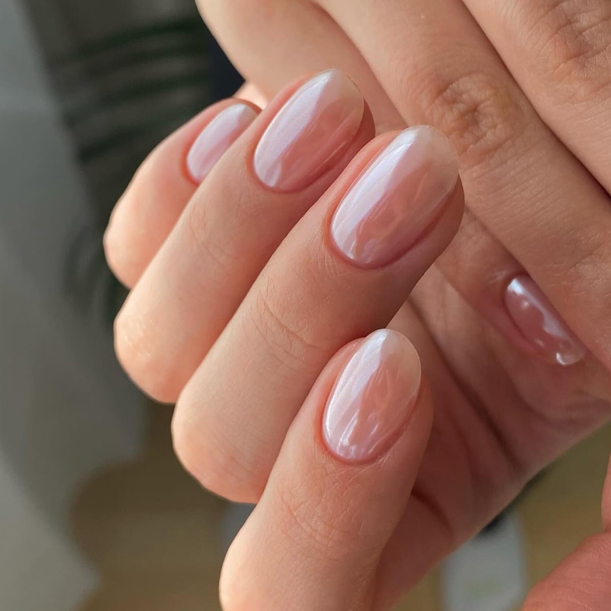 Short Almond Milky White Iridescent Nails Short Almond Milky White Iridescent Nails — Classy Glass Nails