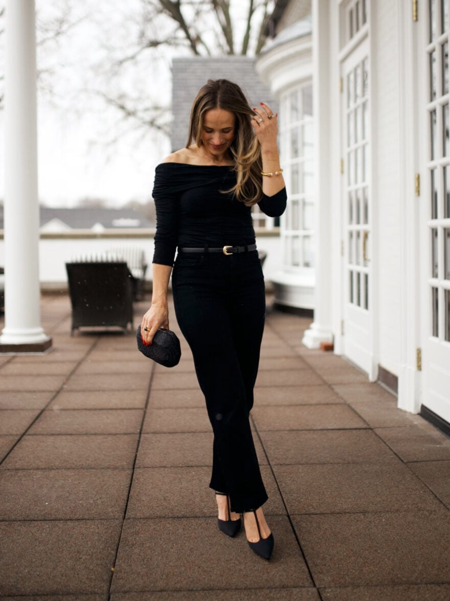 Black Flare Jeans With Off-The-Shoulder Top Black Flare Jeans With Off-The-Shoulder Top — Classy Going Out Outfits Jeans