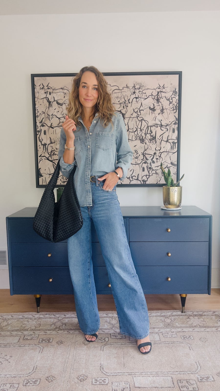 Medium Wash Wide Leg Jeans With Denim Shirt Medium Wash Wide Leg Jeans With Denim Shirt — Classy Going Out Outfits Jeans
