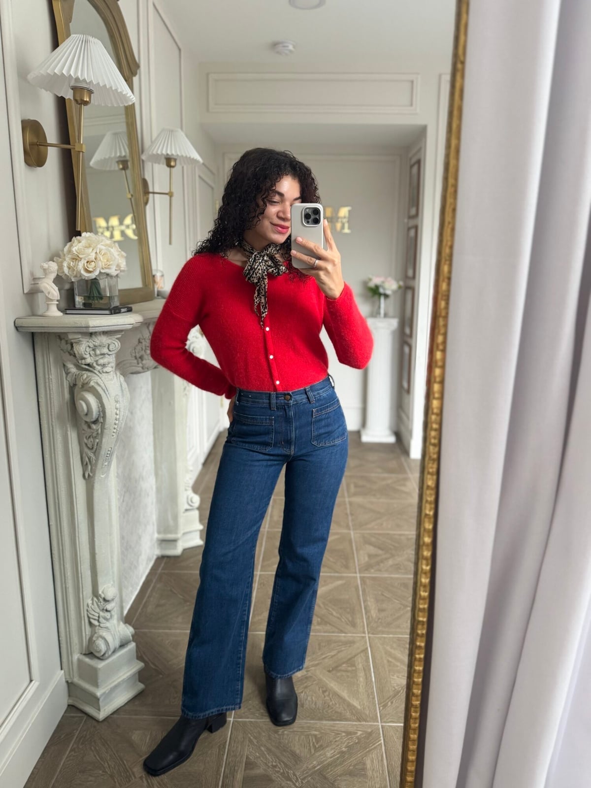 High Waisted Flared Jeans With Fuzzy Red Cardigan High Waisted Flared Jeans With Fuzzy Red Cardigan — Classy Going Out Outfits Jeans