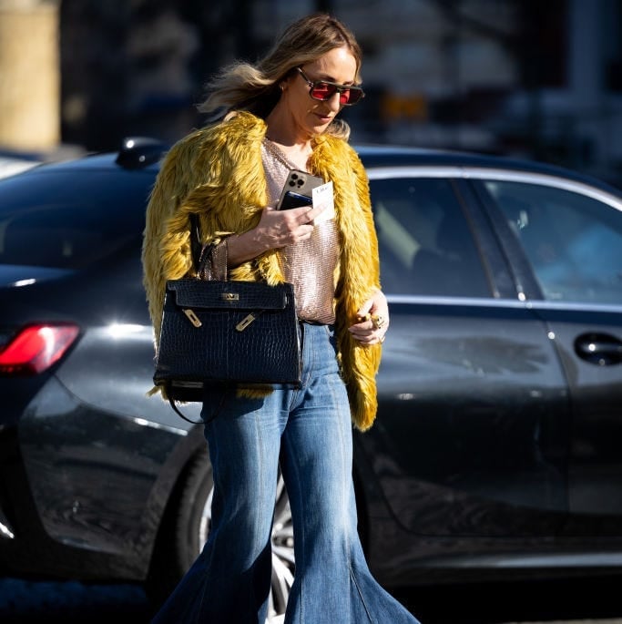 Medium Wash Flared Jeans With Sparkly Top And Faux Fur Coat Medium Wash Flared Jeans With Sparkly Top And Faux Fur Coat — Classy Going Out Outfits Jeans