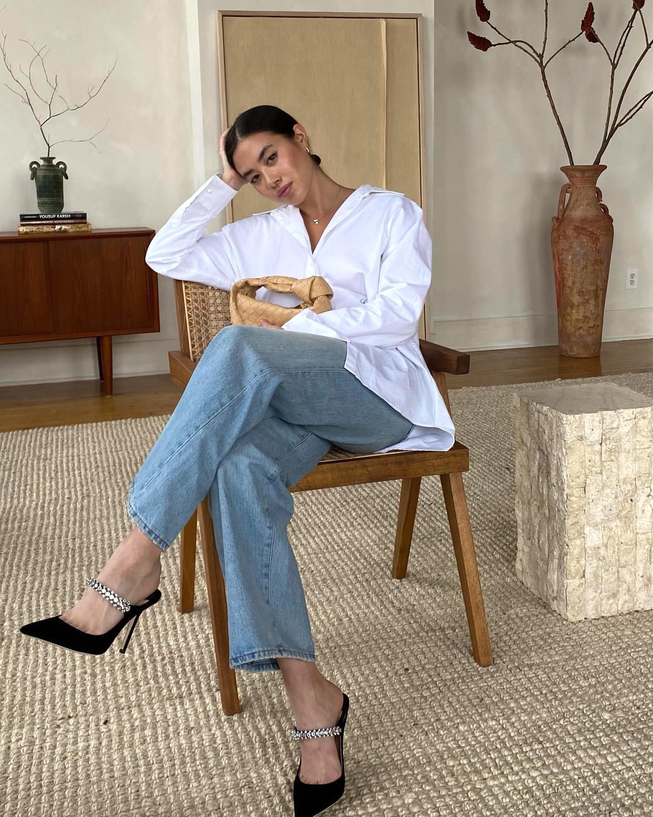 Wide Leg Jeans With White Button-Down And Crystal Heels Wide Leg Jeans With White Button-Down And Crystal Heels — Classy Going Out Outfits Jeans