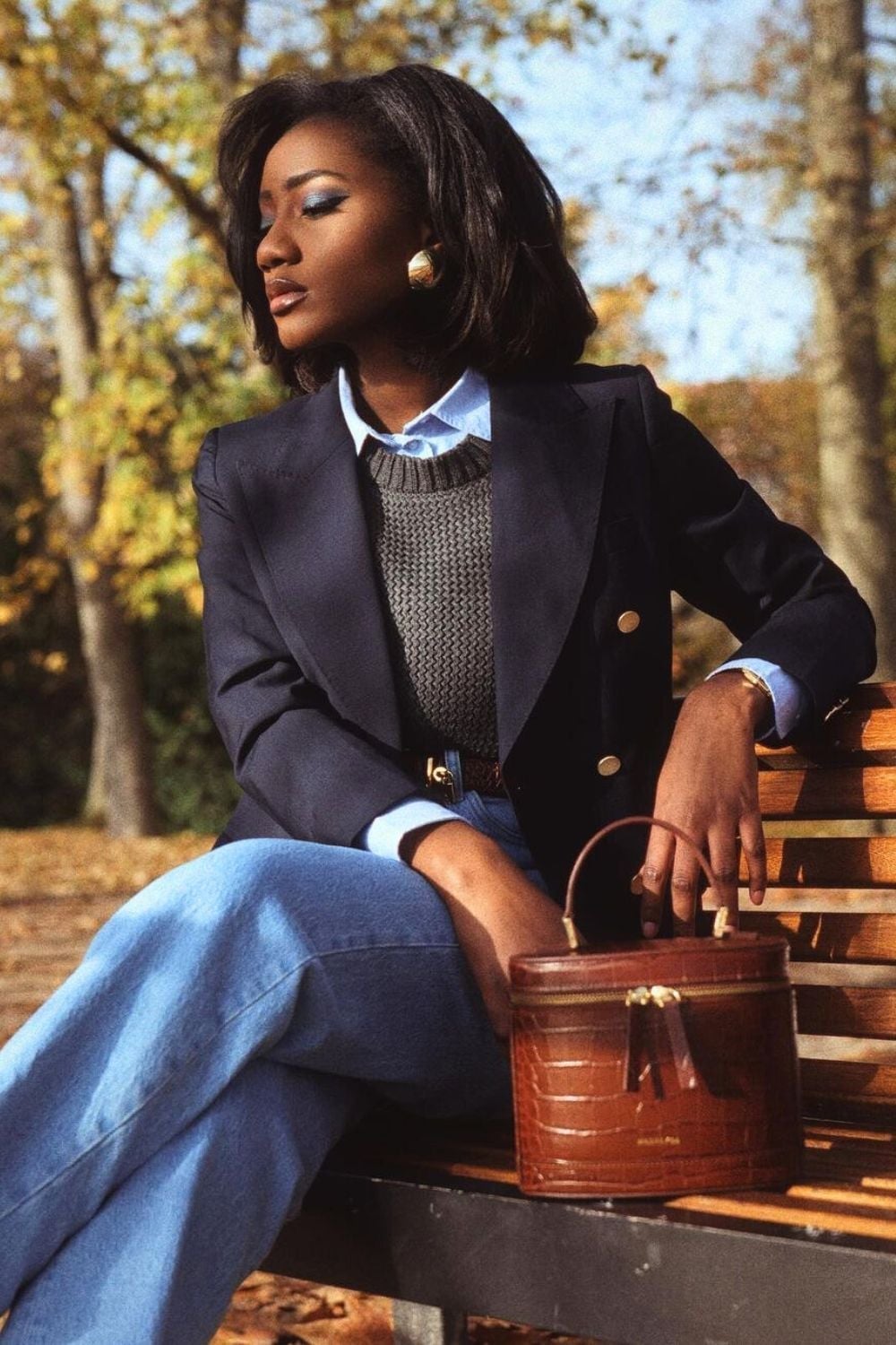 Straight Leg Jeans With Sweater Vest And Navy Blazer Straight Leg Jeans With Sweater Vest And Navy Blazer — Classy Going Out Outfits Jeans