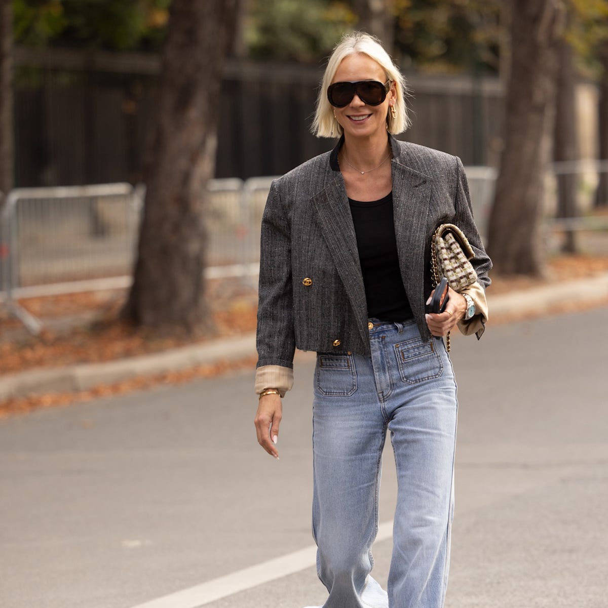 Light Blue Wide Leg Jeans With Cropped Blazer Light Blue Wide Leg Jeans With Cropped Blazer — Classy Going Out Outfits Jeans