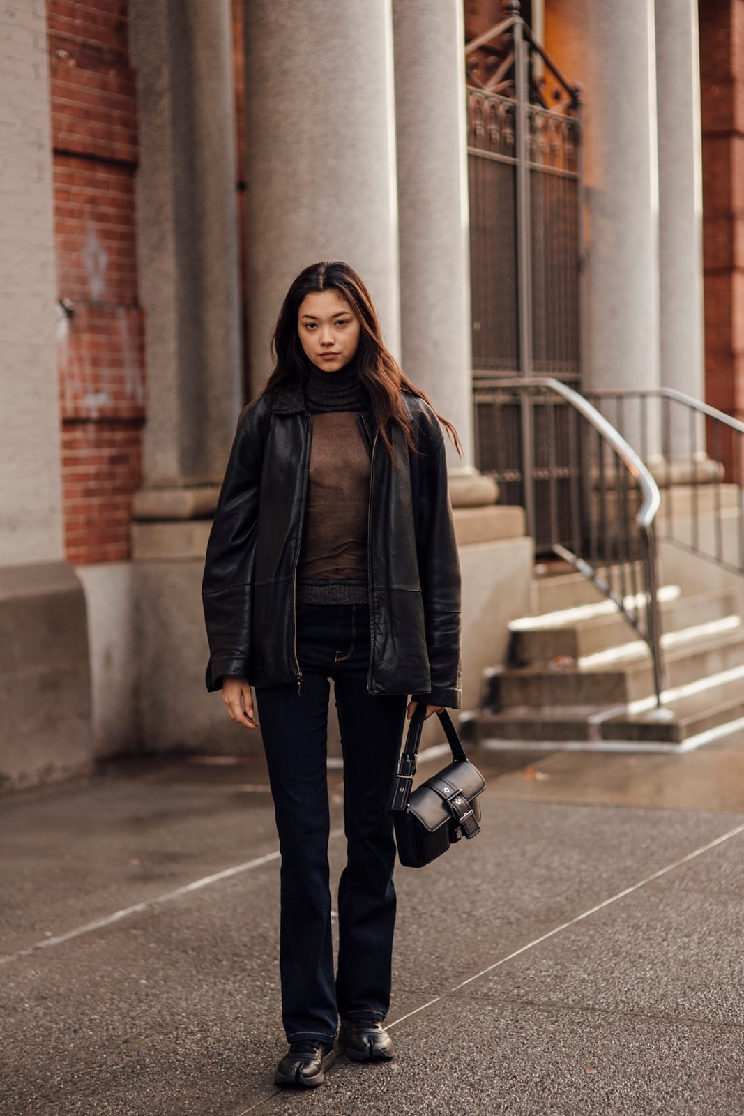 Dark Wash Flare Jeans With Sheer Turtleneck And Leather Jacket Dark Wash Flare Jeans With Sheer Turtleneck And Leather Jacket — Classy Going Out Outfits Jeans