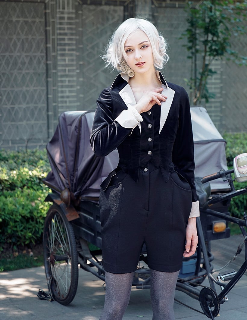 Alchemy Spell:Cure, Elegant Gothic Aristocrat Retro Nobility Fashion Womens Black Riding Jacket Stand Collar False 2pcs Spring Autumn Dress Coat