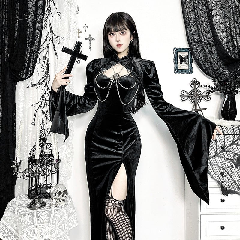 Sophisticated Black Velvet Top with Bell Sleeves — Classy Gothic Style