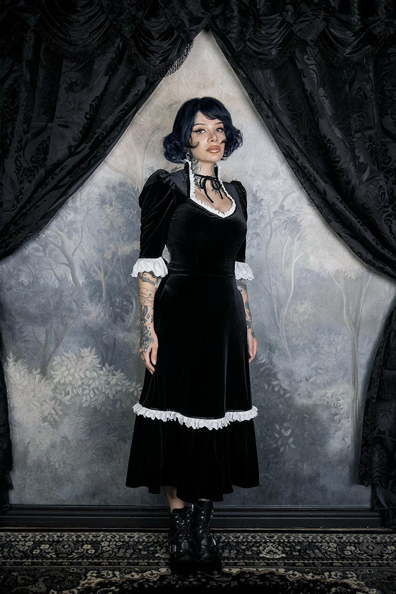 Black Velvet Dress with White Lace Trim and Combat Boots — Classy Gothic Style