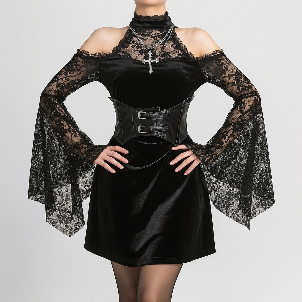 Black Velvet Bodycon Dress with Lace Bell Sleeves and Belt — Classy Gothic Style