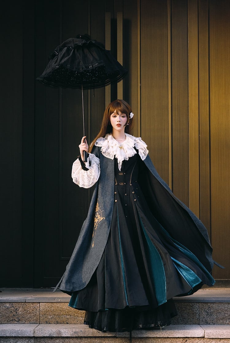 Embroidered Gothic Coat Over Ruffled Dress — Classy Gothic Style