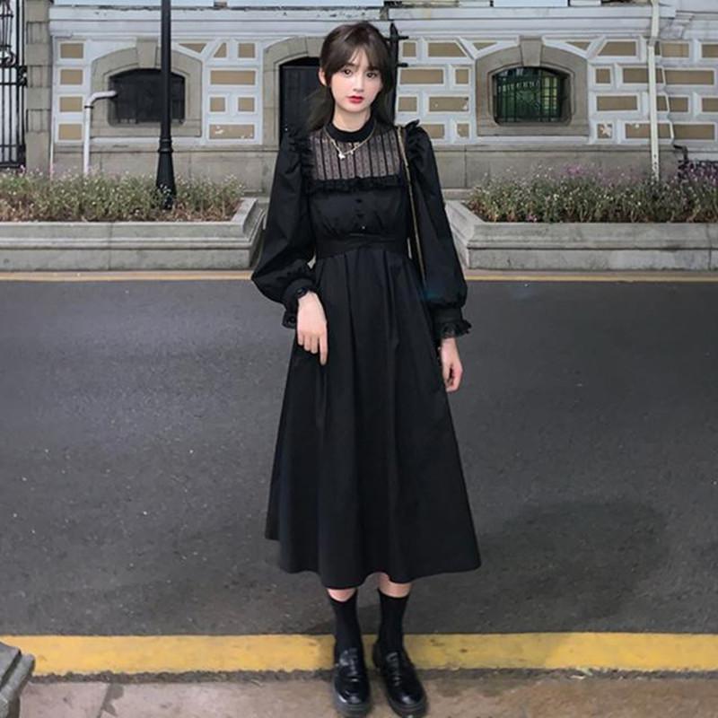 Black Midi Dress with Puff Sleeves and Lace Trim — Classy Gothic Style