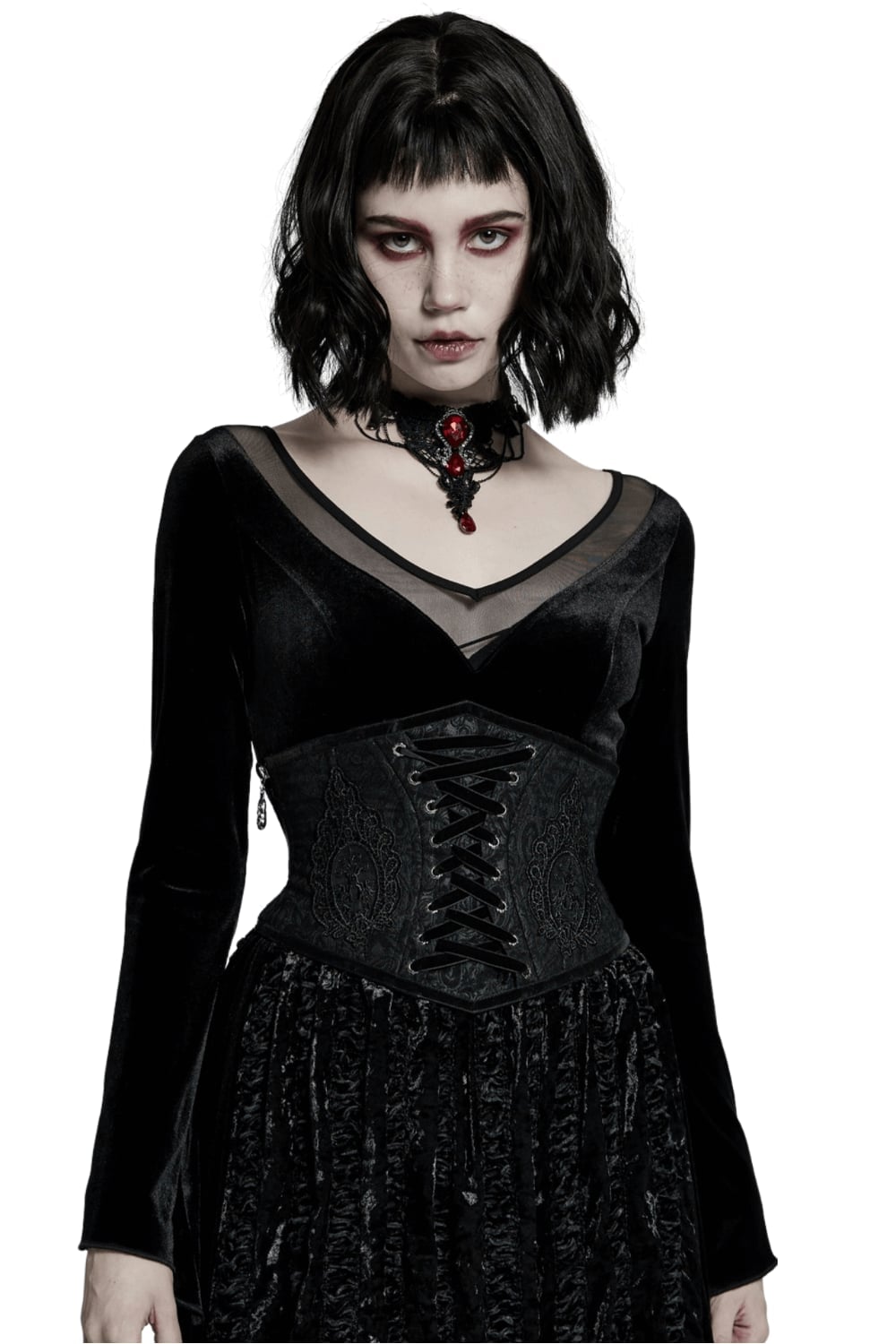 Brocade Corset Over Sheer Black Top with Choker — Classy Gothic Style