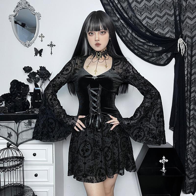 Velvet Bodycon Dress with Lace Sleeves and Corset Front — Classy Gothic Style
