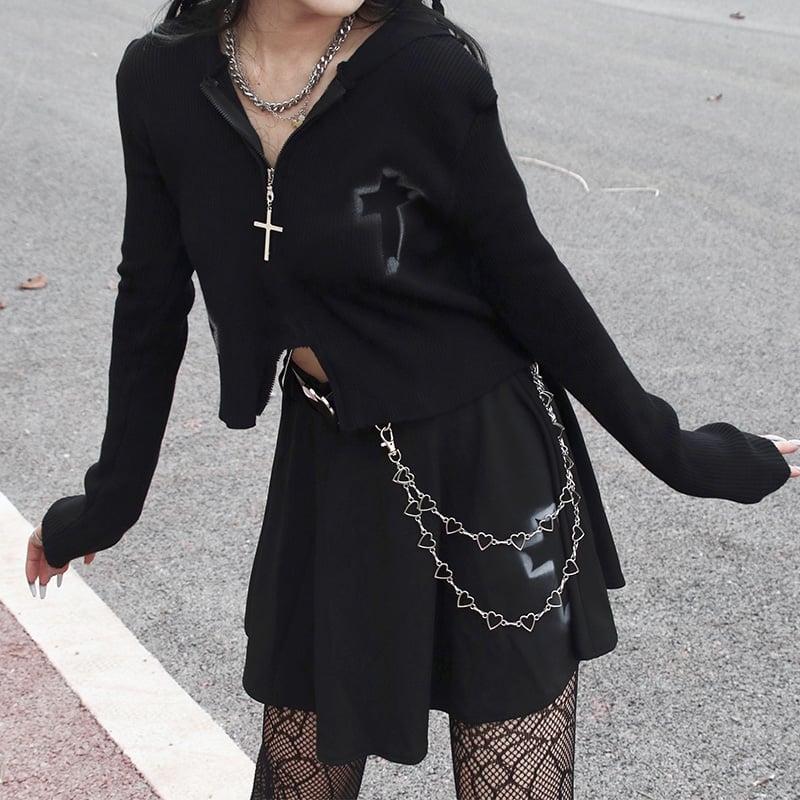 Cropped Zip-Up Sweater with Chain Belt — Classy Gothic Style
