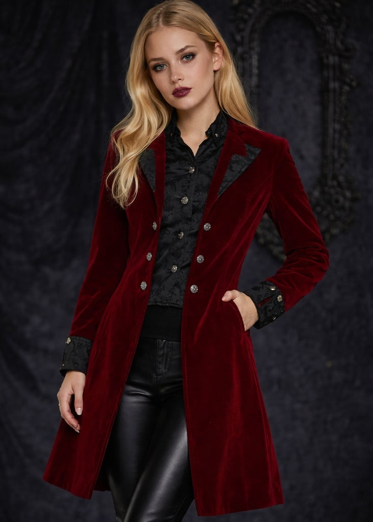 Vibrant Red Velvet Coat with Black Leather Pants — Classy Gothic Style