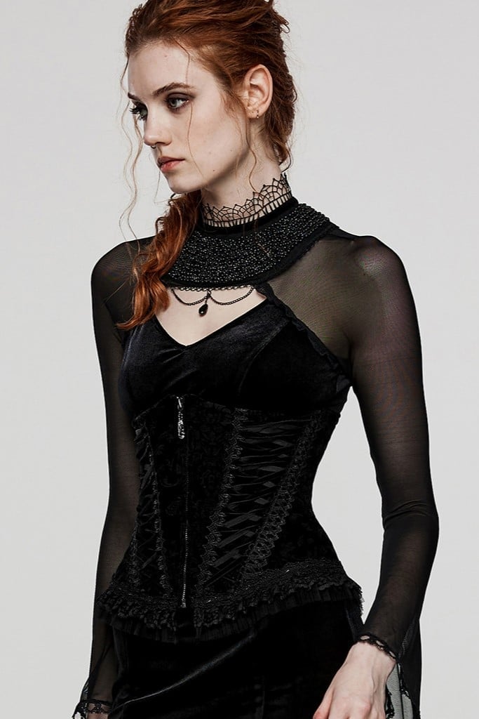 Black Velvet Corset with Sheer Mesh Top and Beaded Collar — Classy Gothic Style
