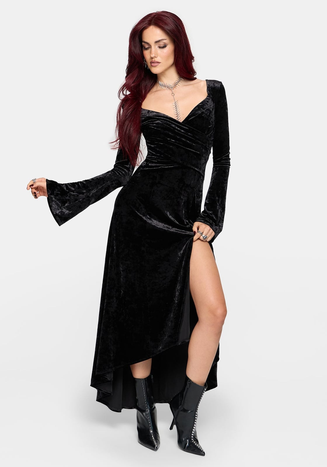 Elegant Black Velvet Maxi Dress with High Slit — Classy Gothic Style