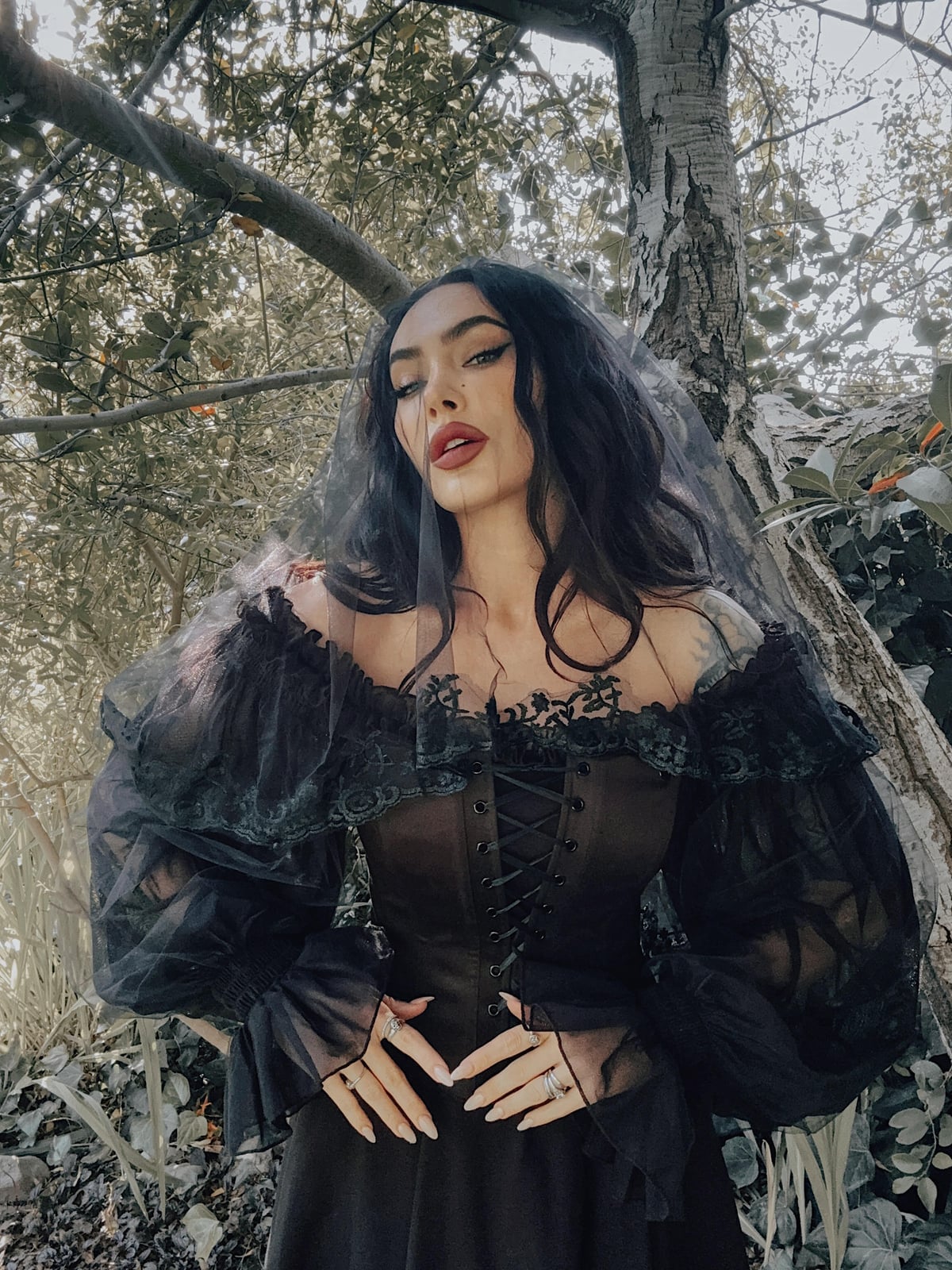 Gothic Corset with Voluminous Sheer Puff Sleeves, Close-Up Take — Classy Gothic Style