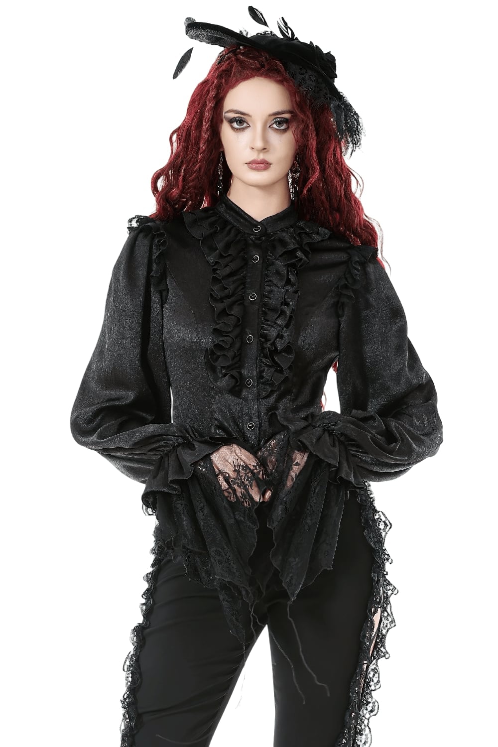 Elegant Black Ruffled Shirt with Lace Cuffs, Office-Safe Version — Classy Gothic Style
