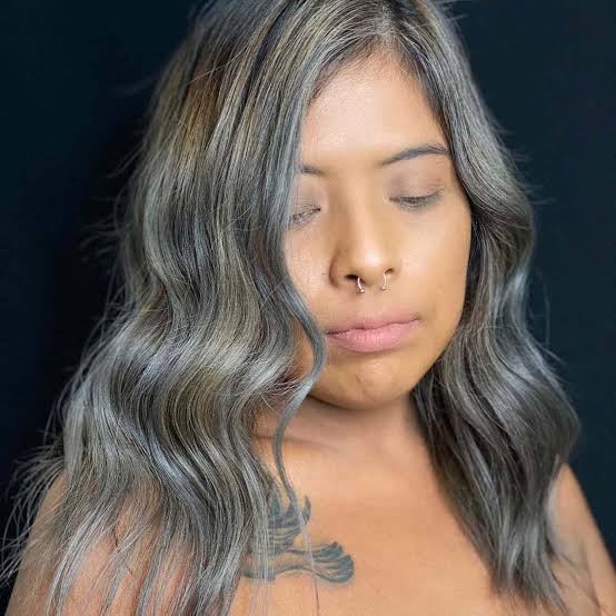 Collarbone Waves Gray Silver Blend With Curtain Bangs — Classy Gray Blending Hair Dark Brown